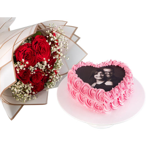 Heart Swirl Photo Cake with Red Rose Bundle