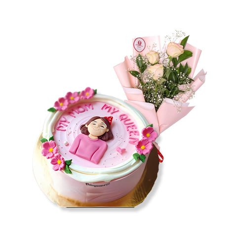 Mom my queen Cake (Eggless) + Pink Roses 3Pcs