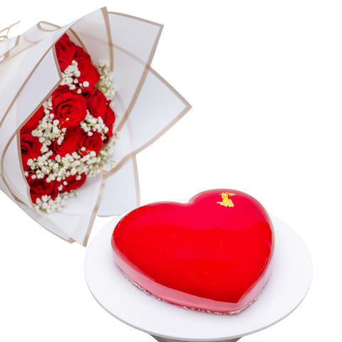 Red Heart Mousse Cake with Red Rose Bundle