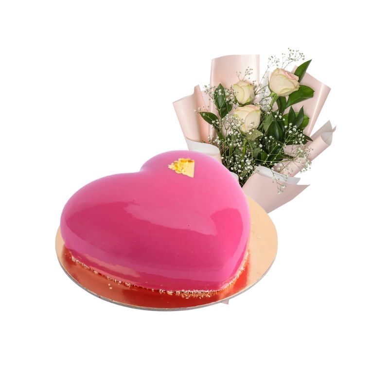 Pink Heart Mousse Cake + 3Pcs Pink Rose
