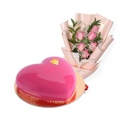 Pink Heart Mousse Cake + 12Pcs Pink Rose