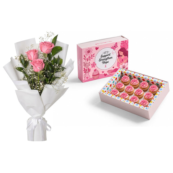 Bloom in Pink Mini Cupcakes 12 pcs and Flowers Bundle