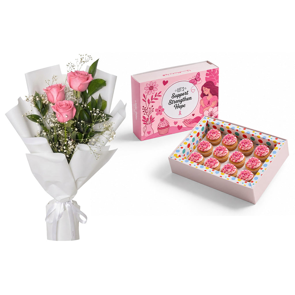 Bloom in Pink Mini Cupcakes 12 pcs and Flowers Bundle