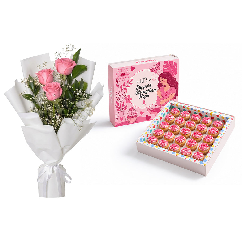 Bloom in Pink Mini Cupcakes 25 pcs and Flowers Bundle