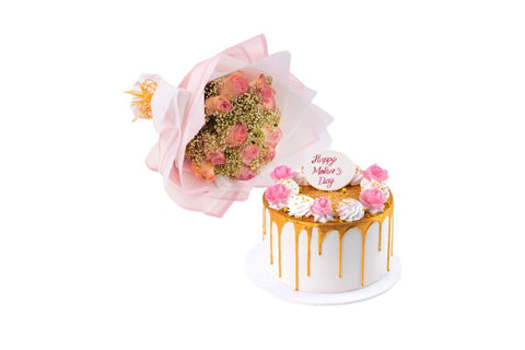 Pink Rose and Gold Drip Cake with Pink Rose Bundle | Available From 20th March Onwards
