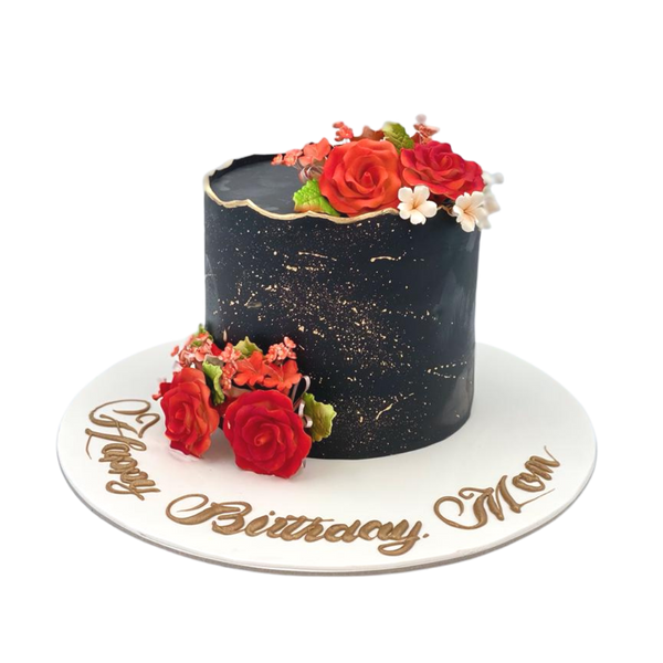 Red Rose on Black Marble Cake